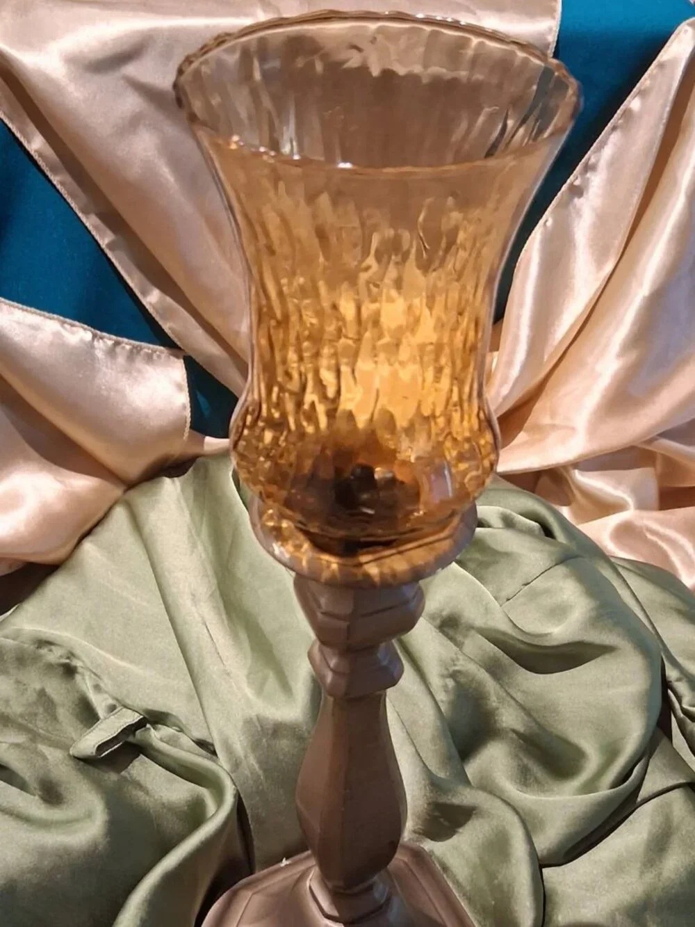 Vintage Brass & Amber Optic Glass Hurricane Candle Holder / Votive Lamp 1970s